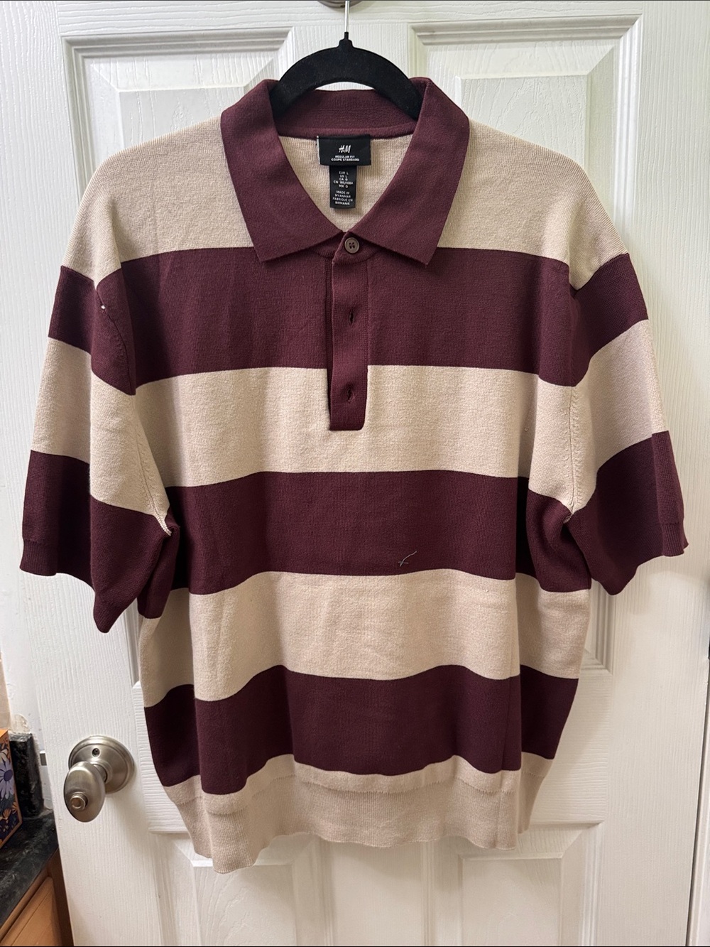 H&M Burgundy and Cream Wide-Stripe Polo
